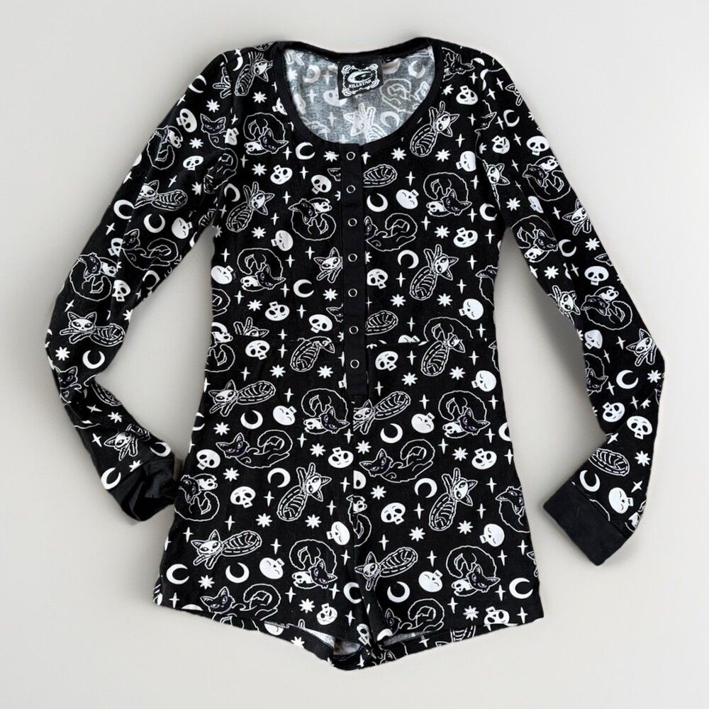 Killstar Purr Off Playsuit Black Cat Skull Goth Sleepwear Romper Size S